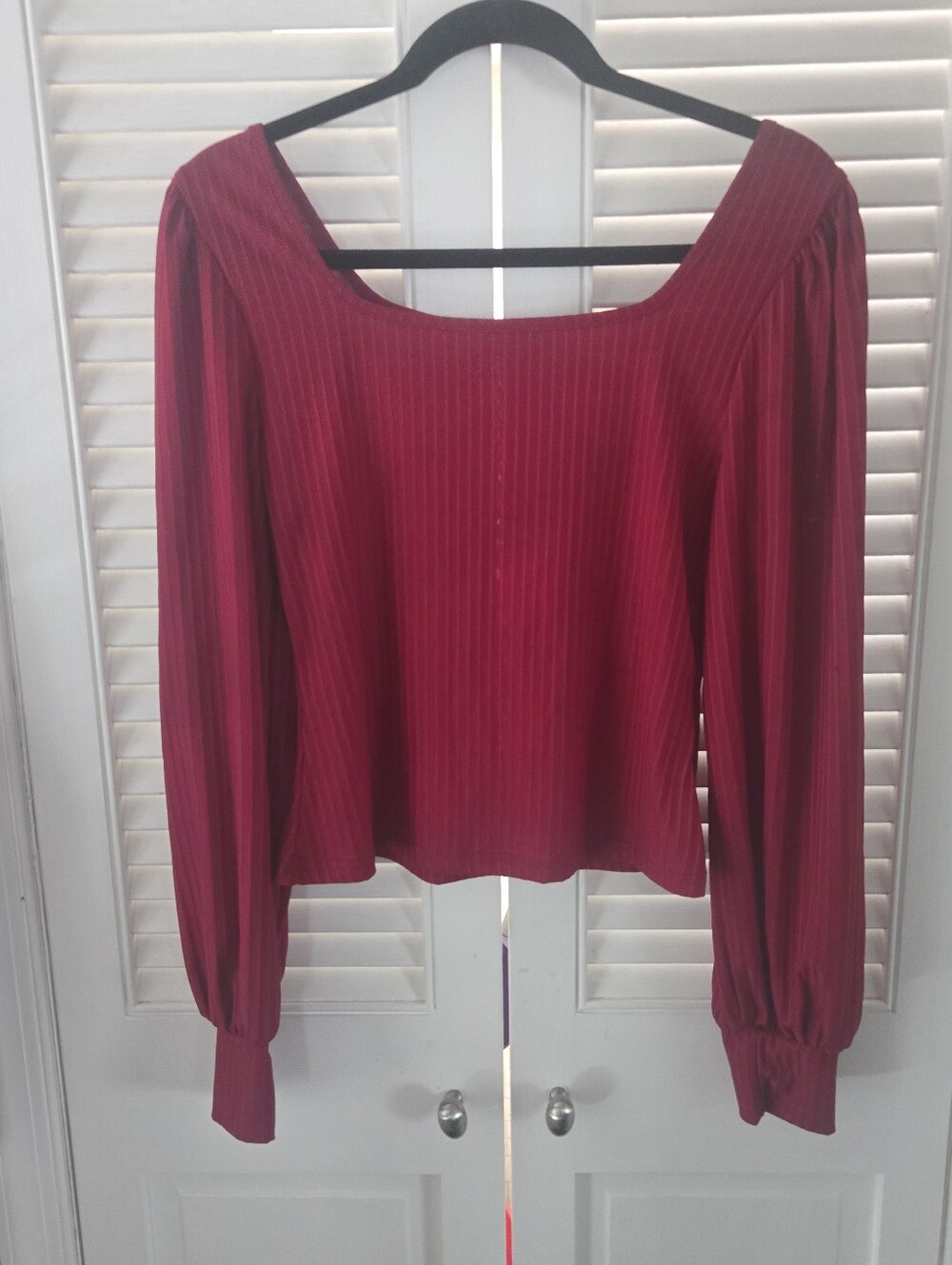 SHEIN Red Ribbed Square Neck Knit Top Puff Sleeve Long Sleeve Medium - Picture 2 of 9